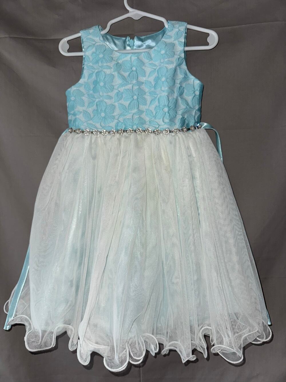 American Princess Girls Blue Floral Tulle Party Dress Rhinestone Waist, Size 3T